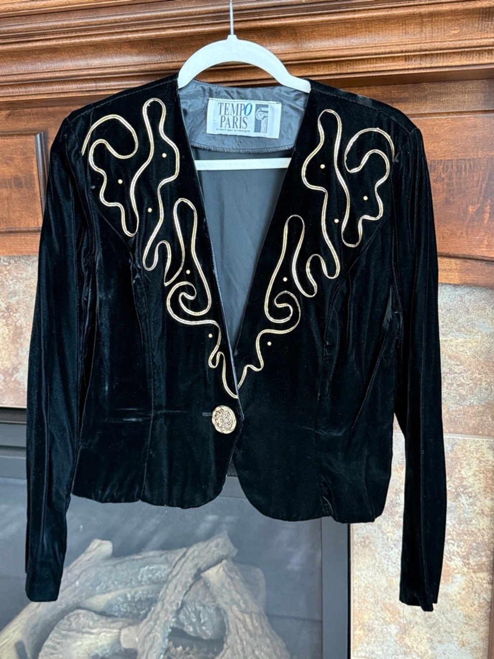 Vintage Tempo Paris black velvet crop jacket gold piping elegant steampunk M